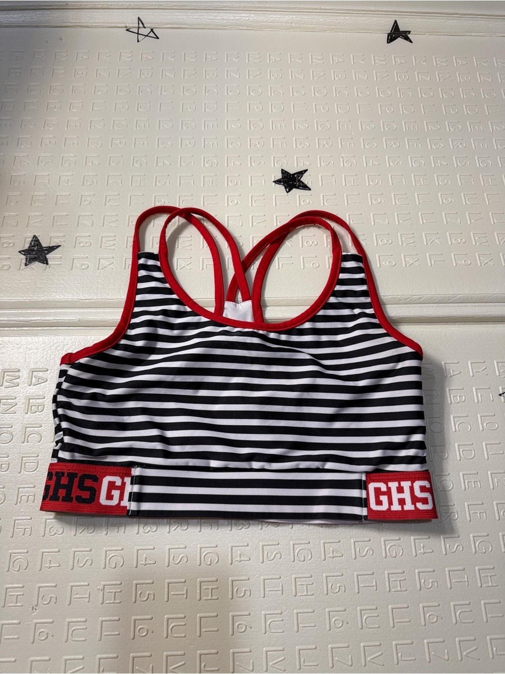 Varsity Black & White Striped Kids Swim Rashguard with Red Trim